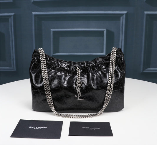 Saint Laurent June Hobo Bag in Quilted Black Lambskin with Silver-Tone Chain