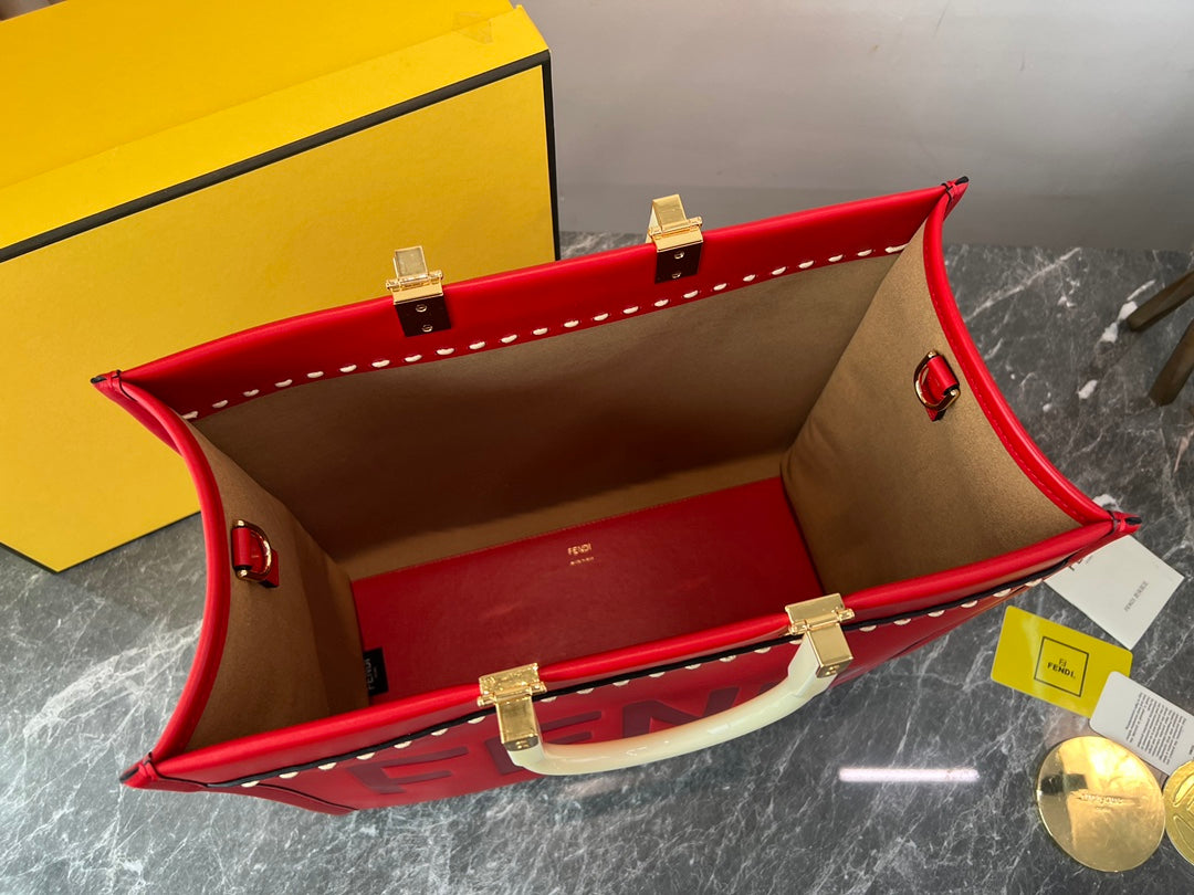 Fendi Sunshine Shopper Medium Red Leather Tote Bag