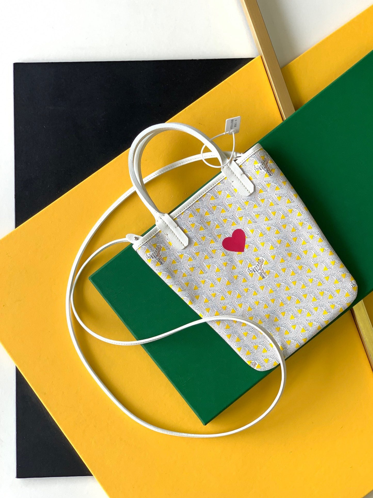 Gogy Cute Yellow Patterned Mini Crossbody Bag with Embroidered Red Heart