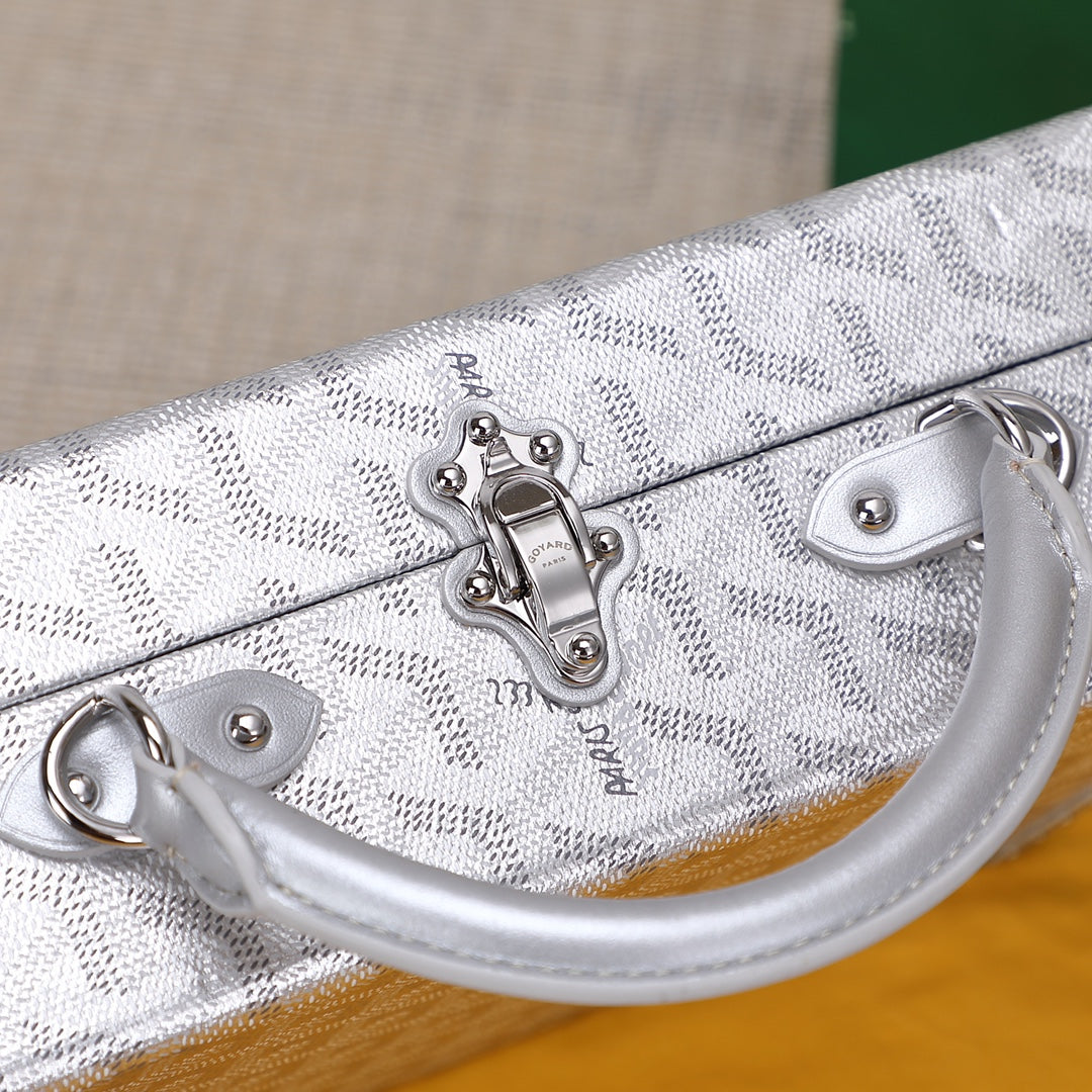 Gogy Metallic Silver Geometric Patterned Hard Shell Trunk Handbag