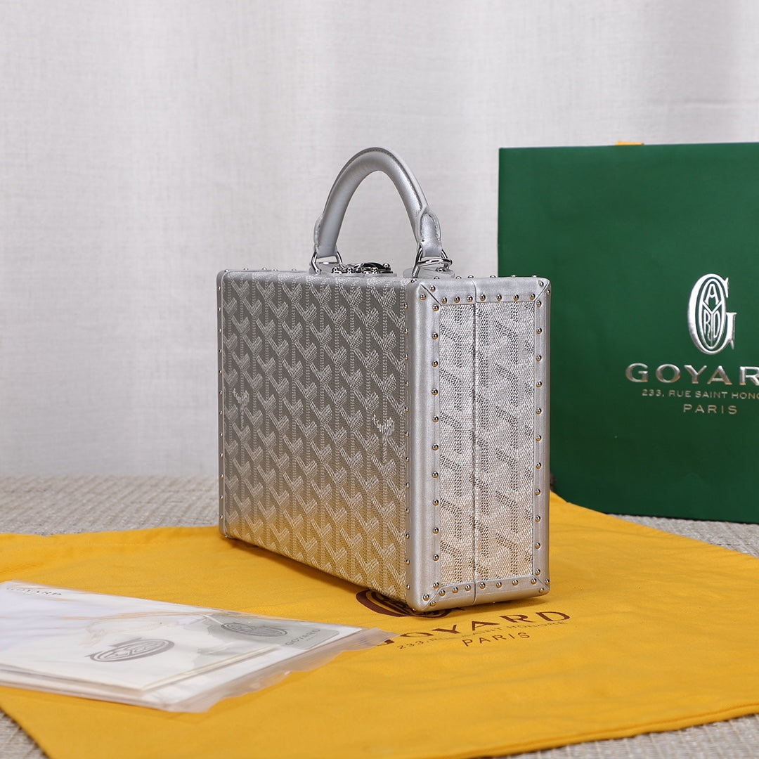 Gogy Metallic Silver Geometric Patterned Hard Shell Trunk Handbag