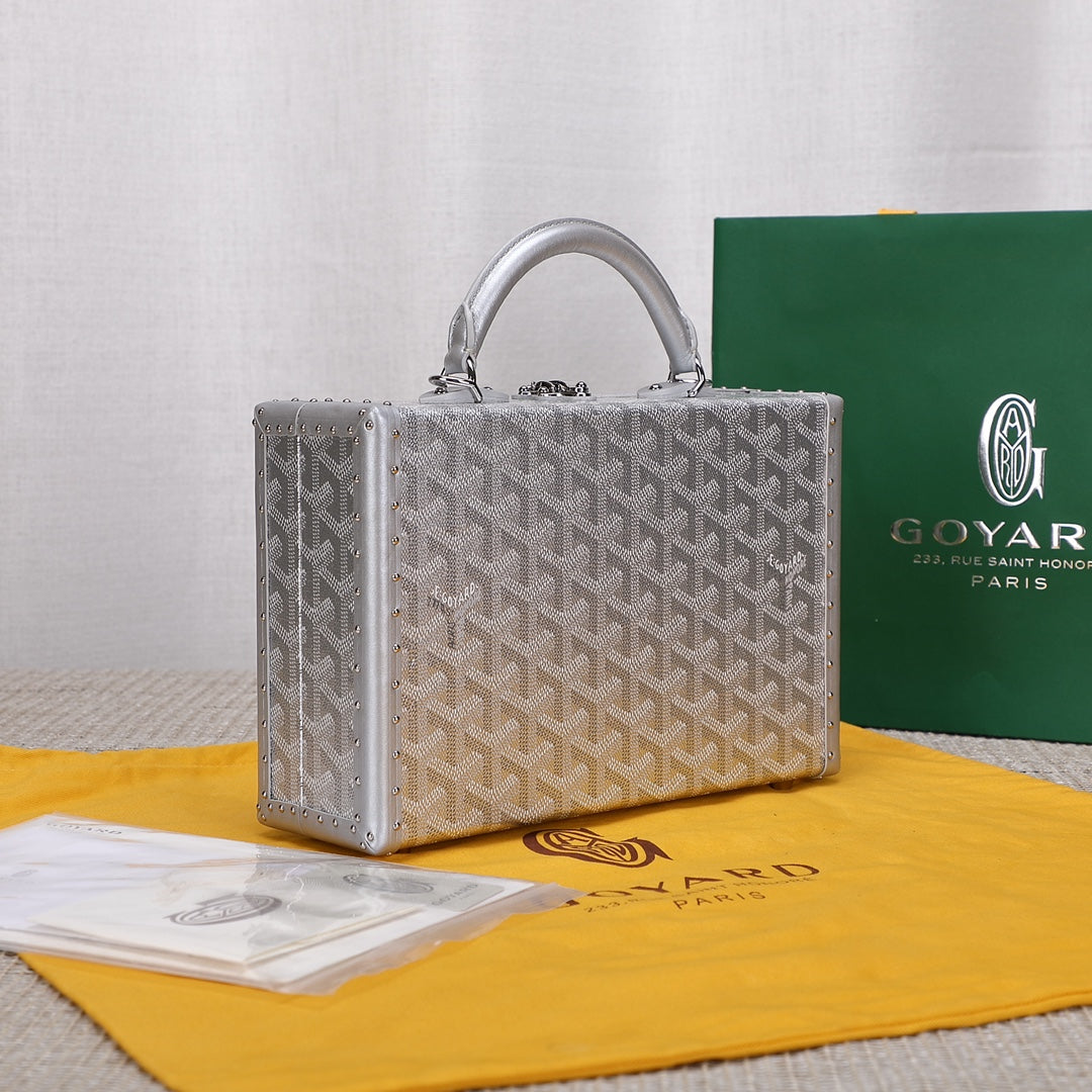 Gogy Metallic Silver Geometric Patterned Hard Shell Trunk Handbag