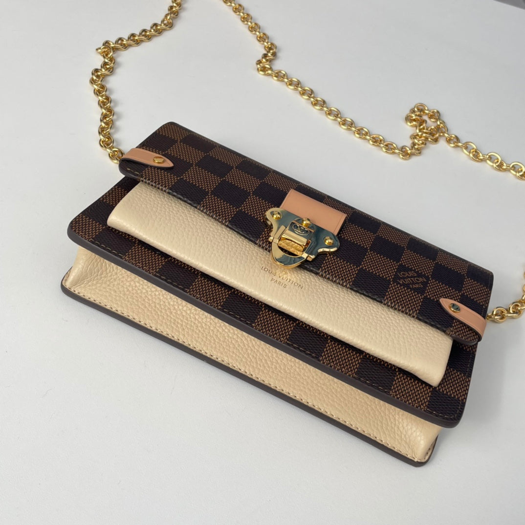 Louis Vuitton Brown Checkered Crossbody Bag with Gold Chain and Pink Accents