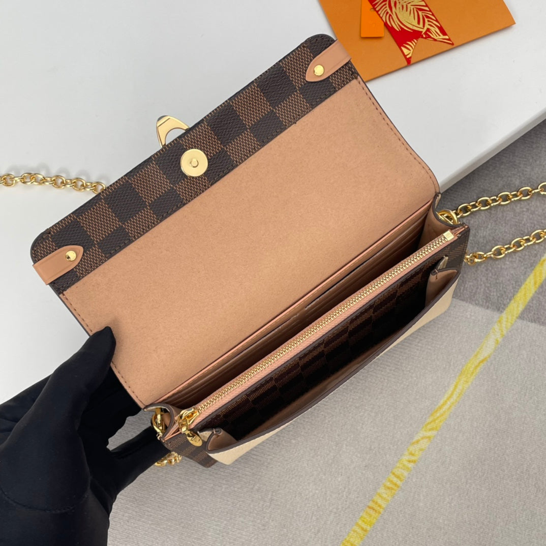 Louis Vuitton Brown Checkered Crossbody Bag with Gold Chain and Pink Accents
