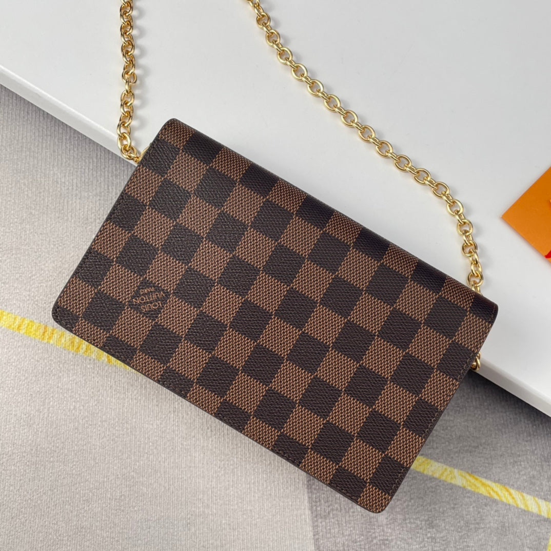 Louis Vuitton Brown Checkered Crossbody Bag with Gold Chain and Pink Accents