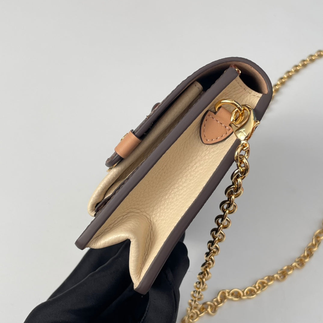 Louis Vuitton Brown Checkered Crossbody Bag with Gold Chain and Pink Accents