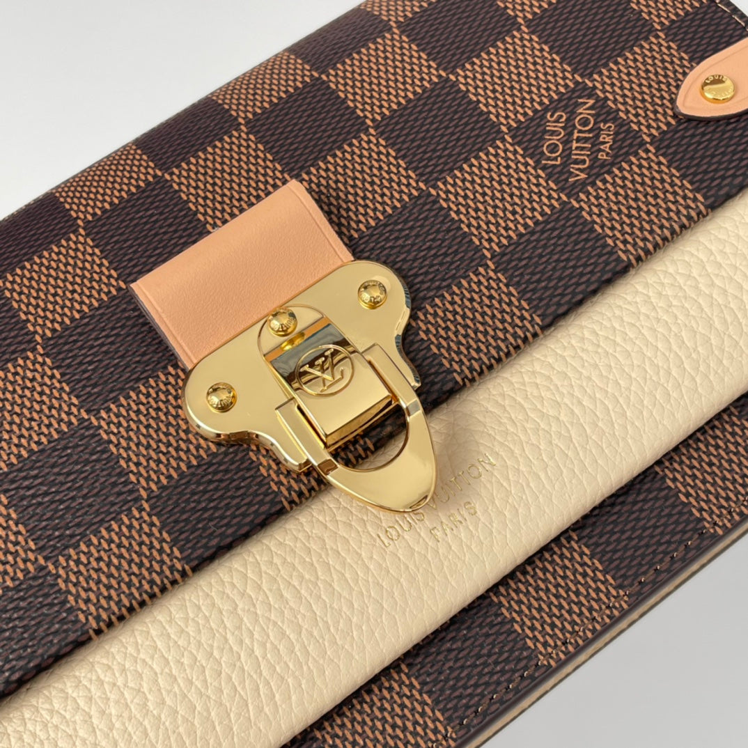 Louis Vuitton Brown Checkered Crossbody Bag with Gold Chain and Pink Accents