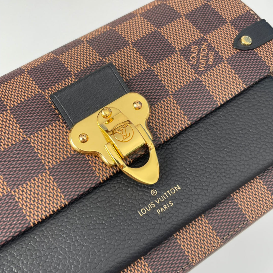 Louis Vuitton Classic Brown Checkered Crossbody Clutch Bag with Gold Chain