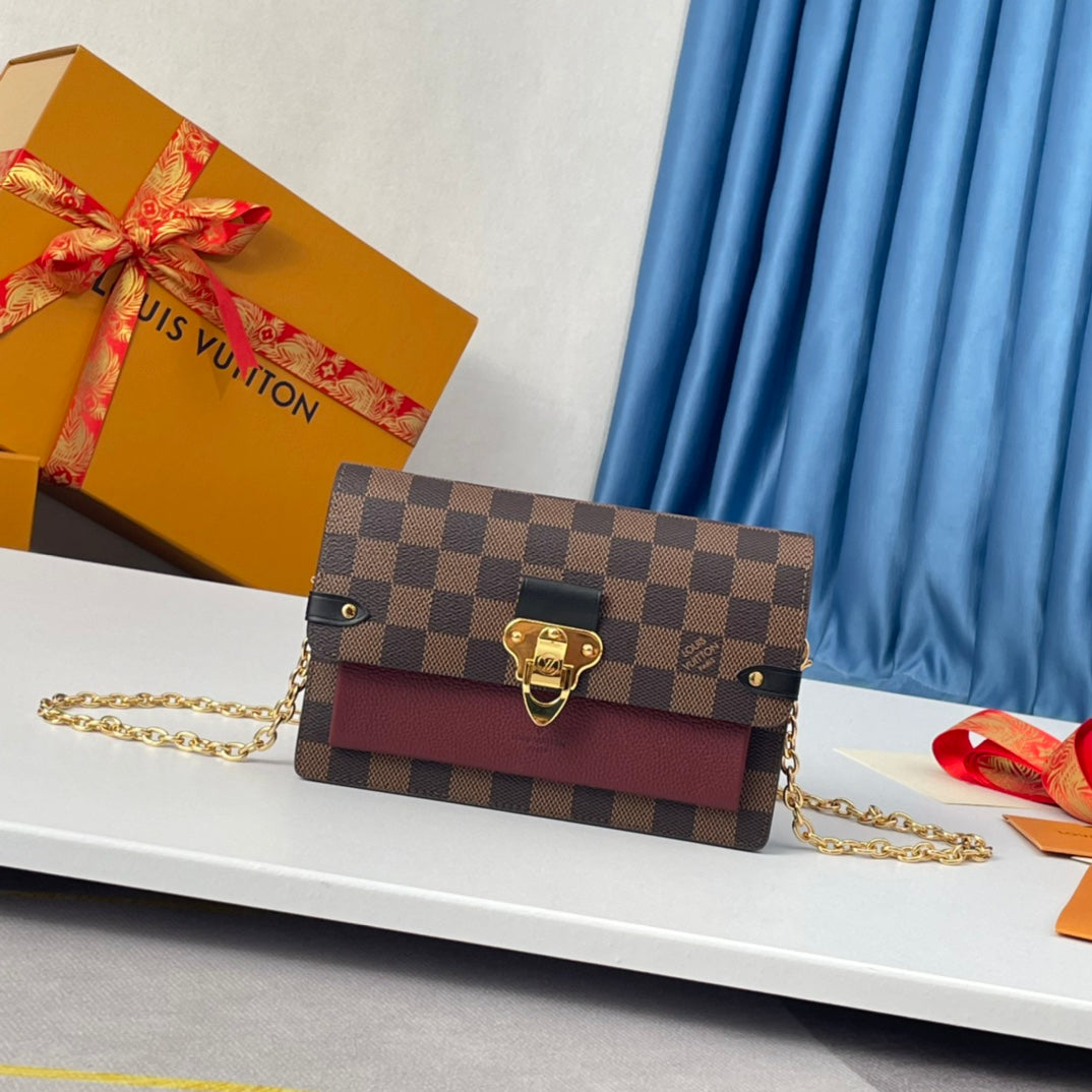 Louis Vuitton Vavin Chain Wallet Damier Ebene Canvas Burgundy Leather