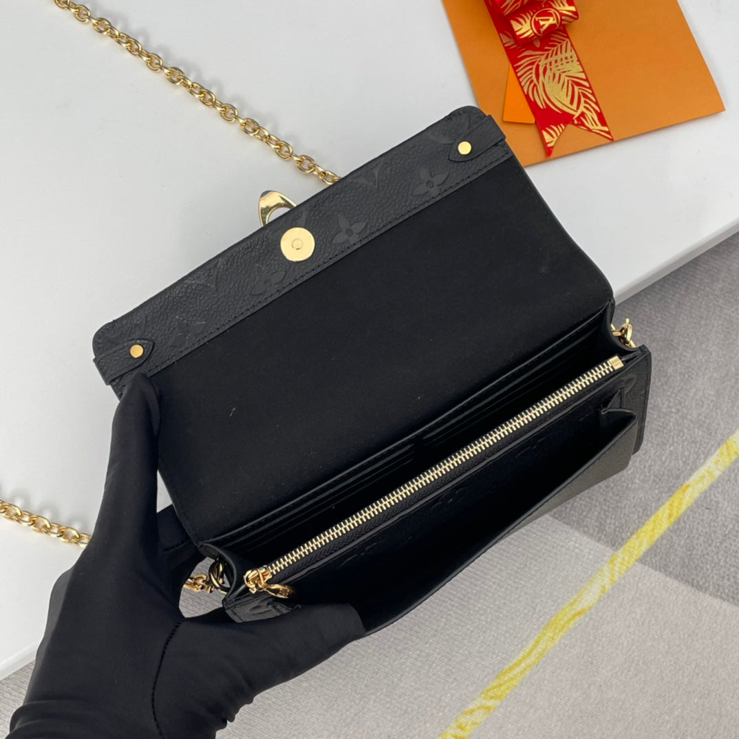 Louis Vuitton Black Embossed Monogram Leather Shoulder Bag with Gold Chain Strap