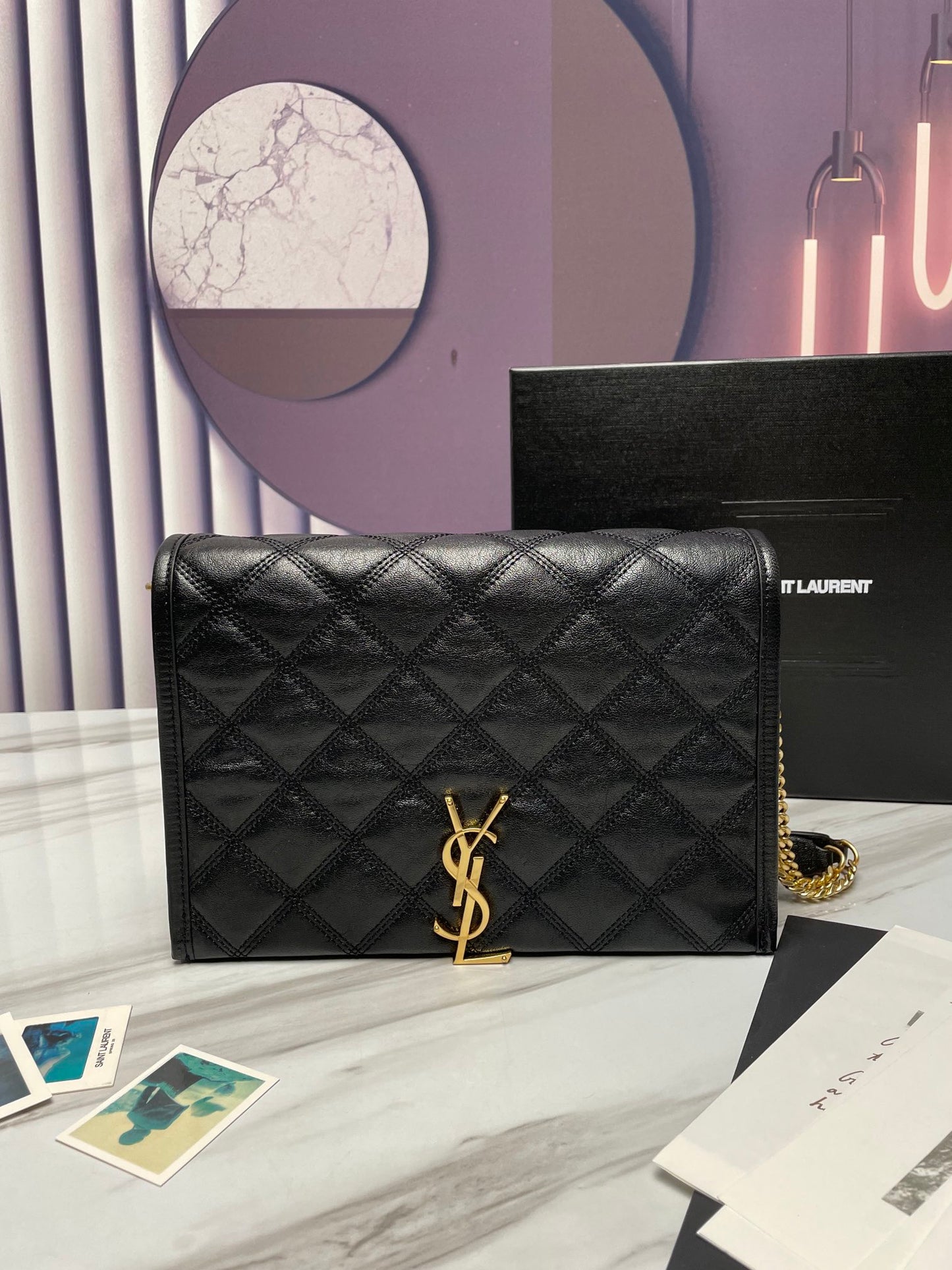 Saint Laurent Black Quilted Leather Monogram Shoulder Bag with Gold Hardware