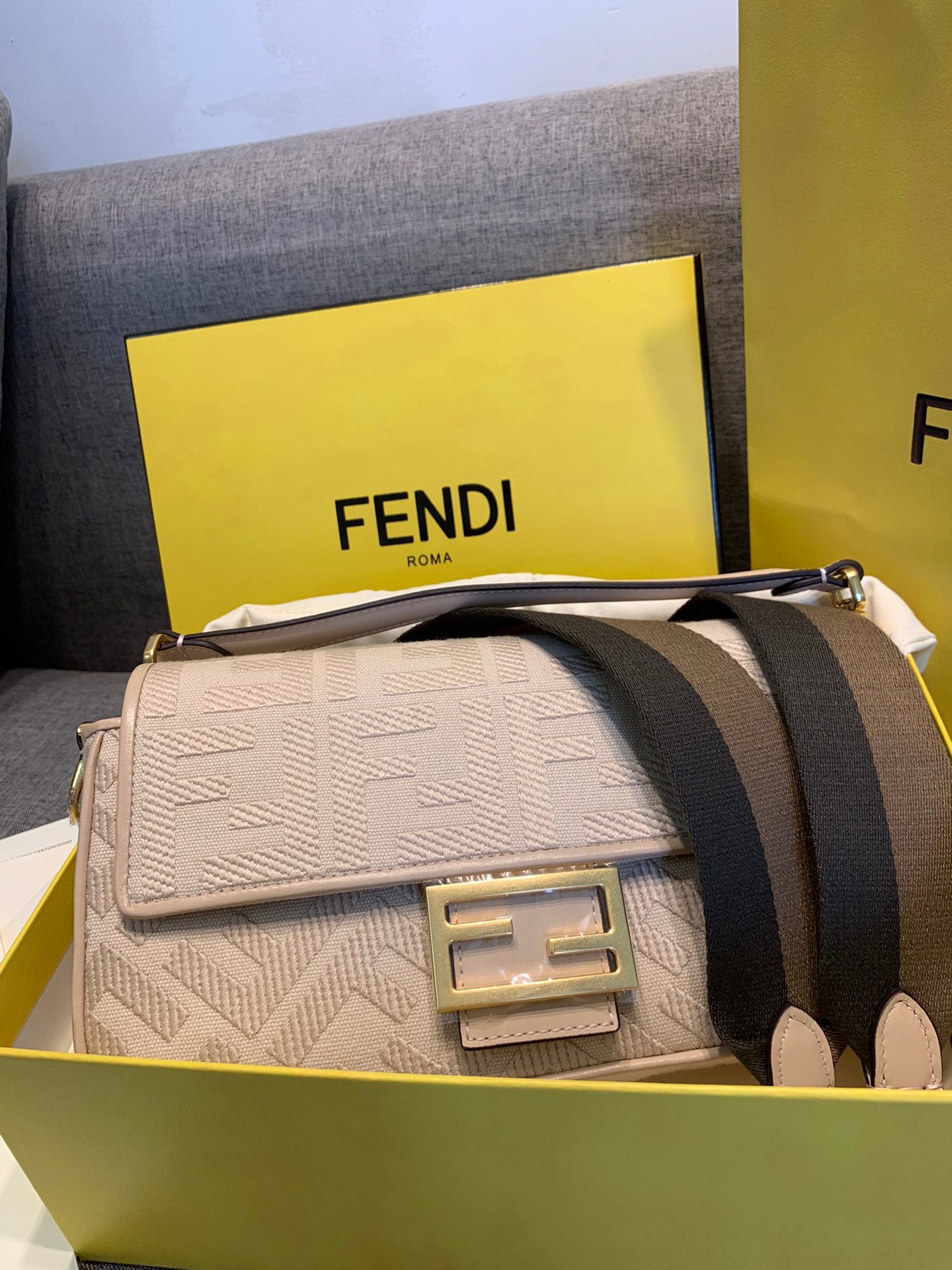 Fendi Baguette Embossed Leather Shoulder Bag - Beige/Cream