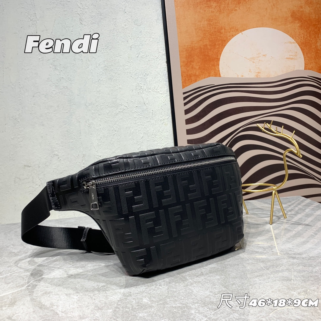 Fendi FF Monogram Embossed Black Leather Belt Bag