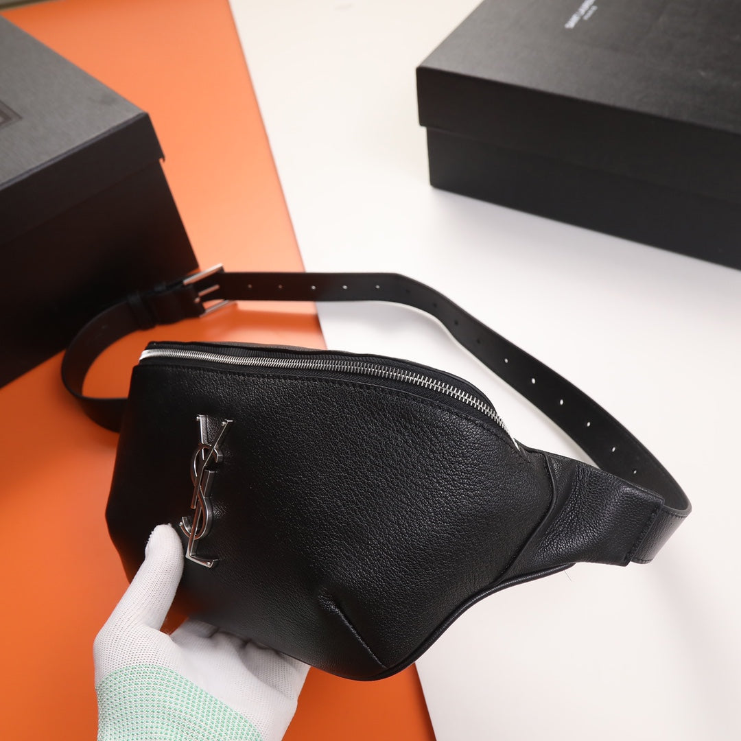 Saint Laurent YSL Cassandre Leather Belt Bag - Black with Silver Hardware