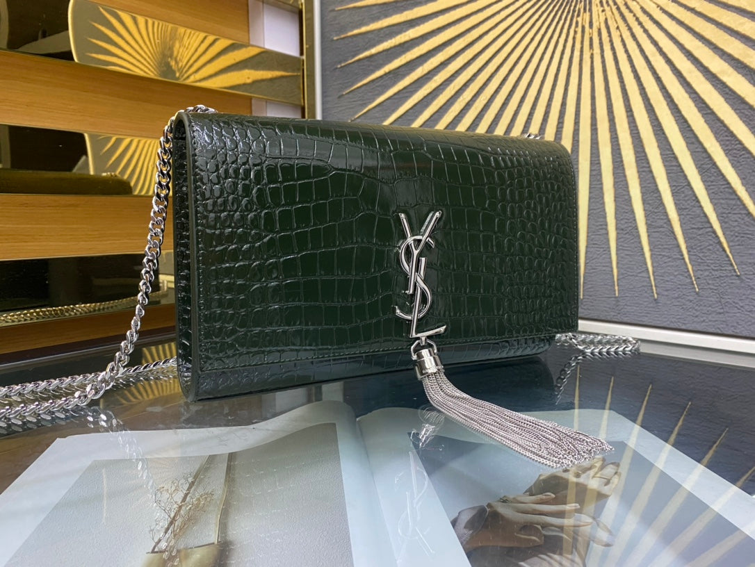 Saint Laurent Kate Medium Tassel Chain Bag in Crocodile-Embossed Leather - Dark Green