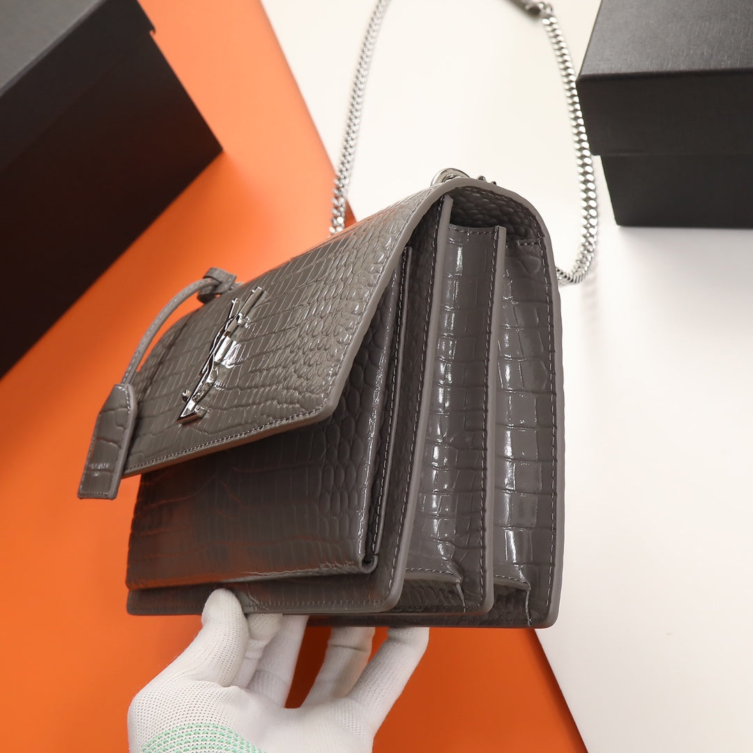 Saint Laurent Sunset Medium Shoulder Bag in Grey Croc-Embossed Leather
