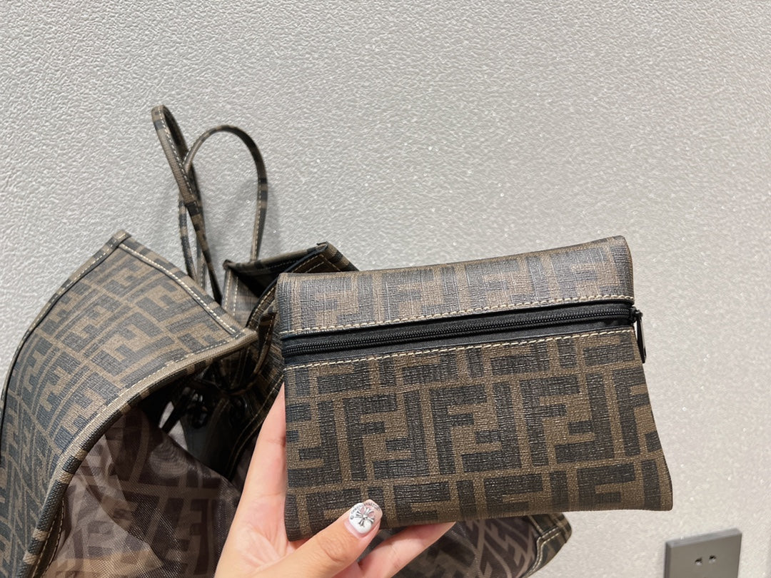 Fendi FF Monogram Perforated Brown Tote Bag with Matching Pouch