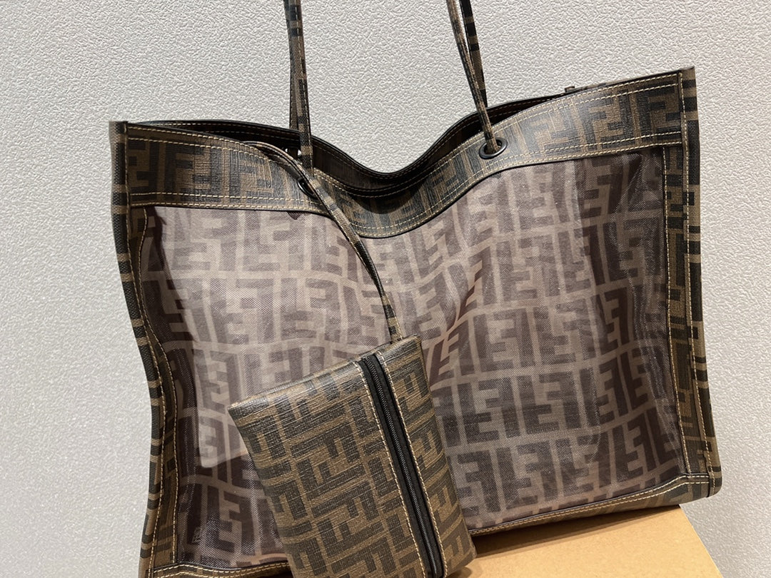 Fendi FF Monogram Perforated Brown Tote Bag with Matching Pouch