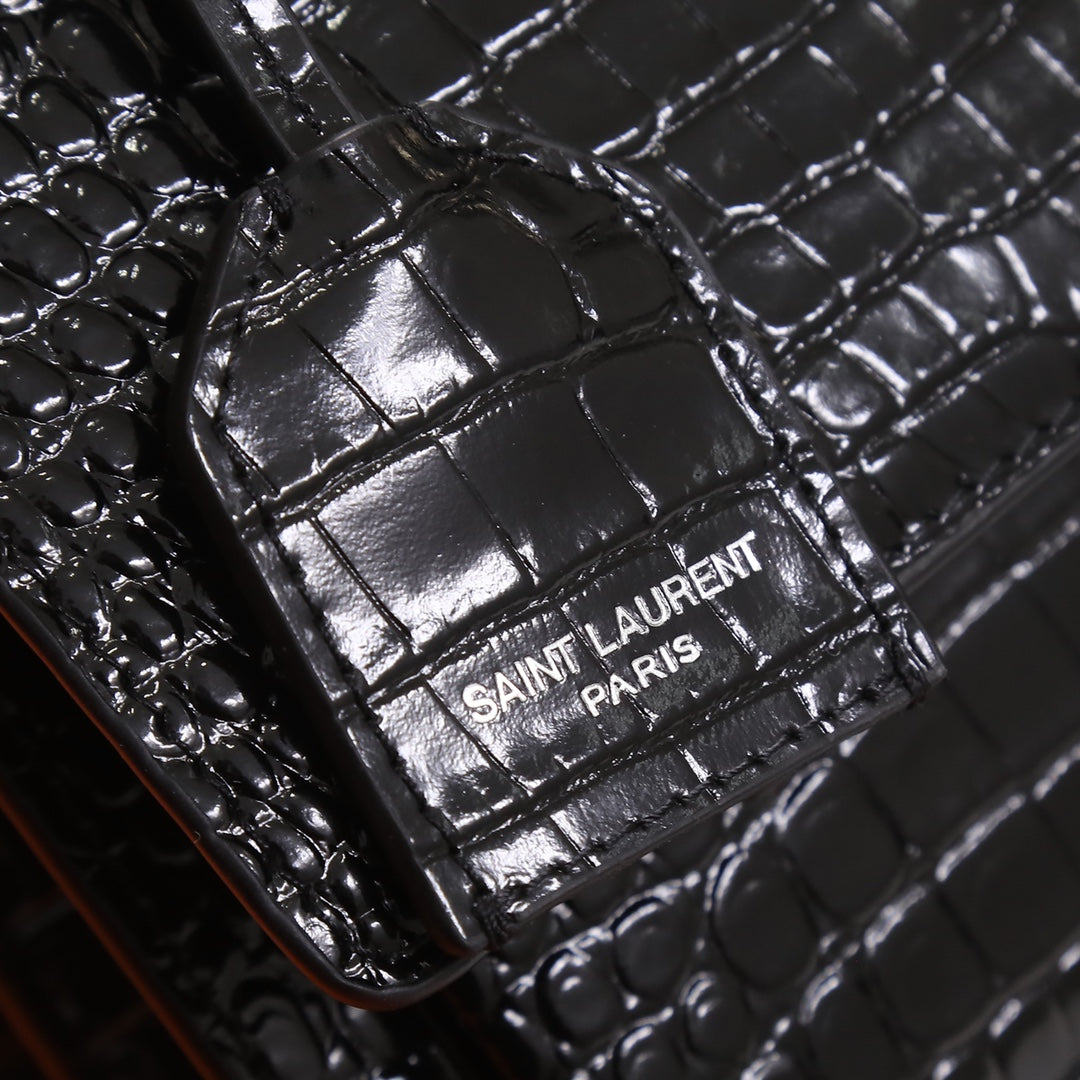 Saint Laurent Sunset Medium Crocodile-Embossed Leather Shoulder Bag - Black