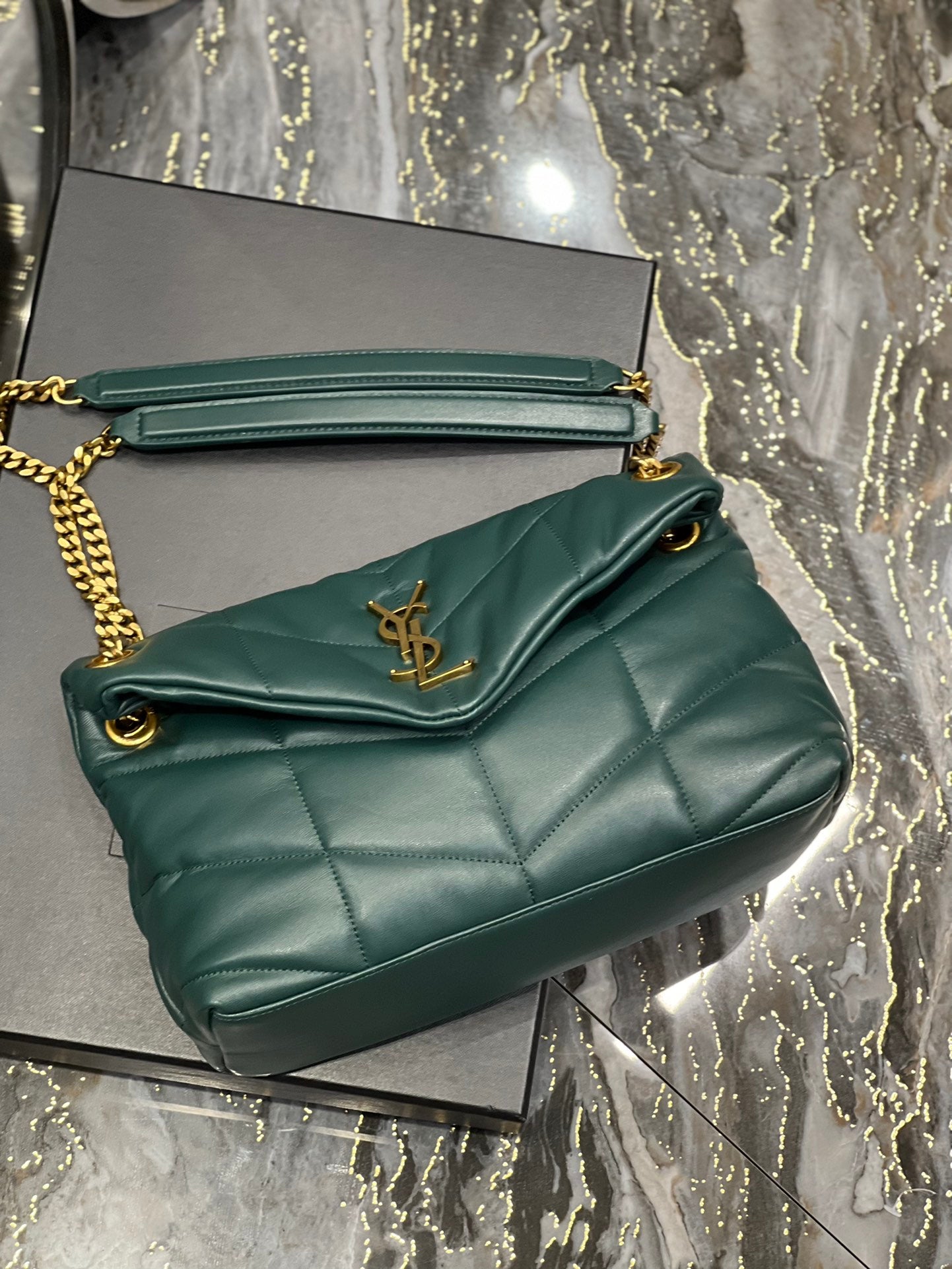Saint Laurent Small Loulou Puffer Shoulder Bag in Dark Green Quilted Leather