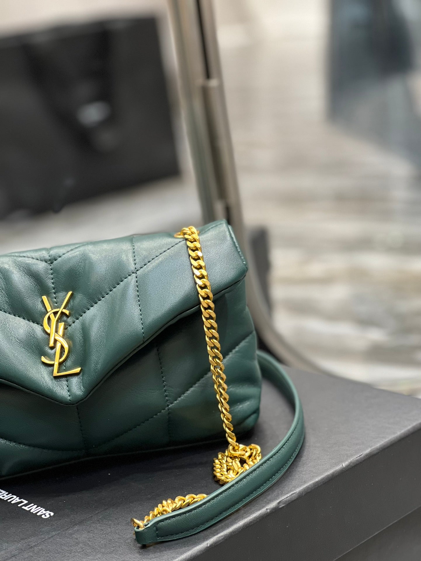 Saint Laurent Puffer Small Shoulder Bag - Dark Green Quilted Lambskin with Gold-Tone Hardware