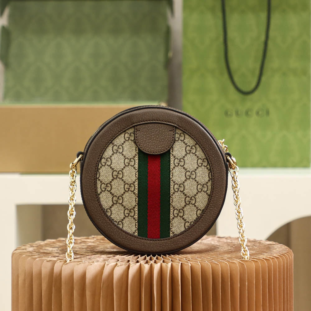 Gucci Vintage Round Monogram Canvas Crossbody Bag with Gold Chain Strap