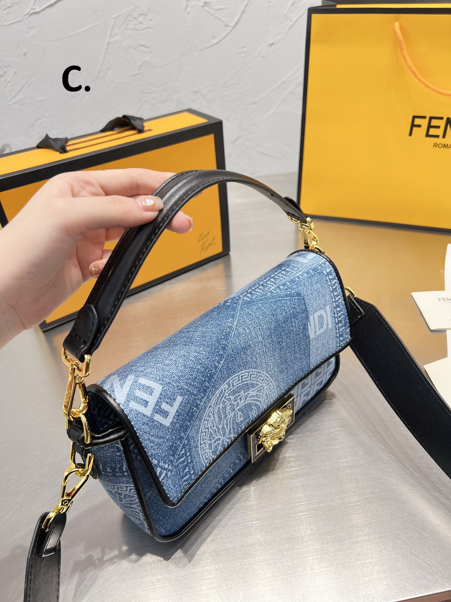 Fendace Baguette Denim Shoulder Bag with Medusa Clasp and FF Logo