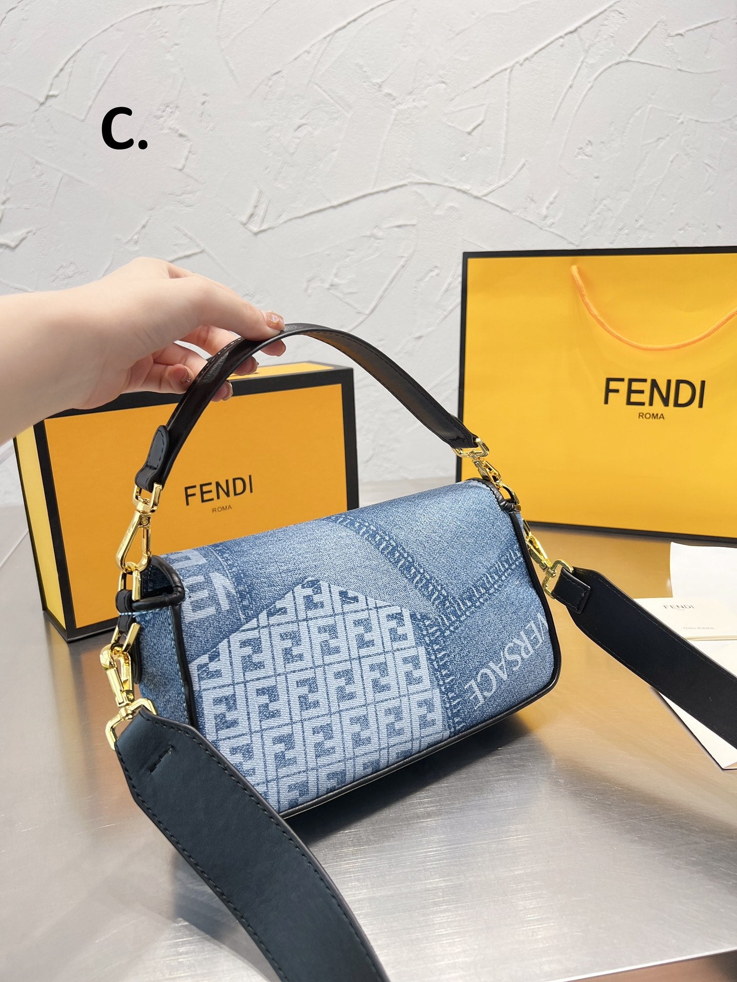 Fendace Baguette Denim Shoulder Bag with Medusa Clasp and FF Logo