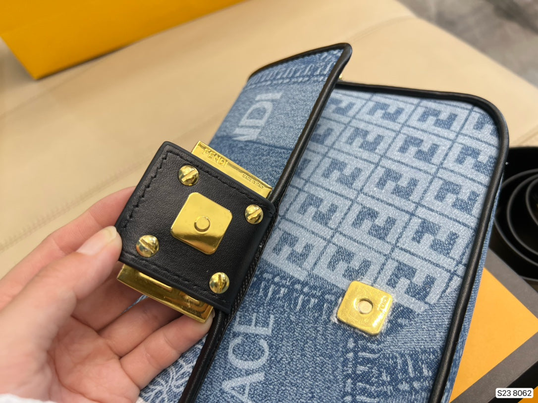 Fendace Fendi x Versace Denim Monogram Shoulder Bag with Gold Medusa Hardware