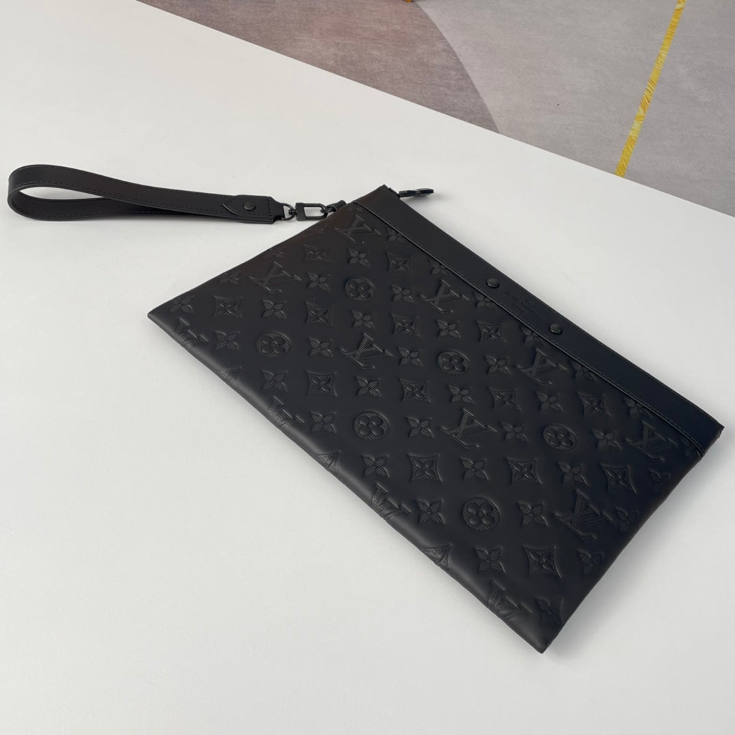 Louis Vuitton Elegant Black Embossed Monogram Leather Wristlet Clutch Bag