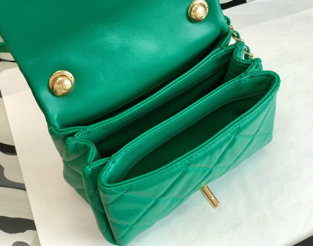 Chanel Green Quilted Mini Flap Bag with Gold-Tone Chunky Chain Handle