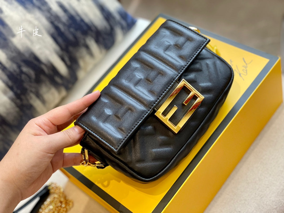 Fendi Baguette Bag - Black Nappa Leather with Embossed FF Motif and Gold Hardware