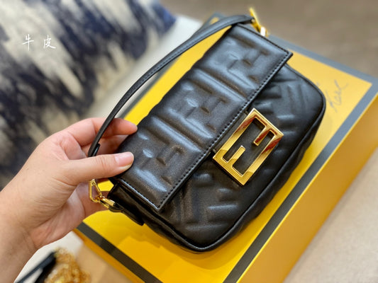 Fendi Baguette Black Embossed Leather Shoulder Bag with Gold Hardware