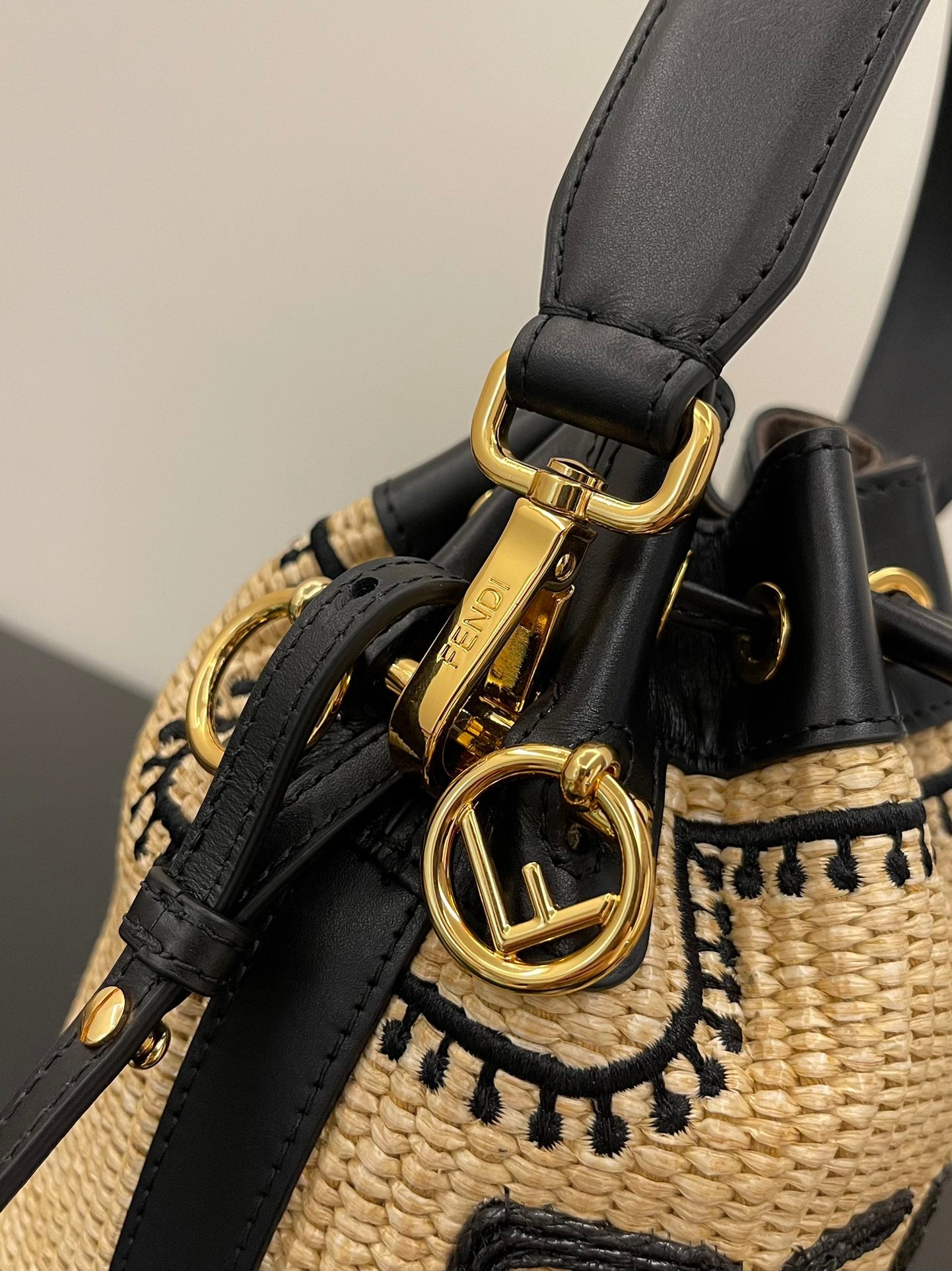 Fendi Mon Tresor Mini Raffia Bucket Bag - Natural and Black Woven Straw Crossbody