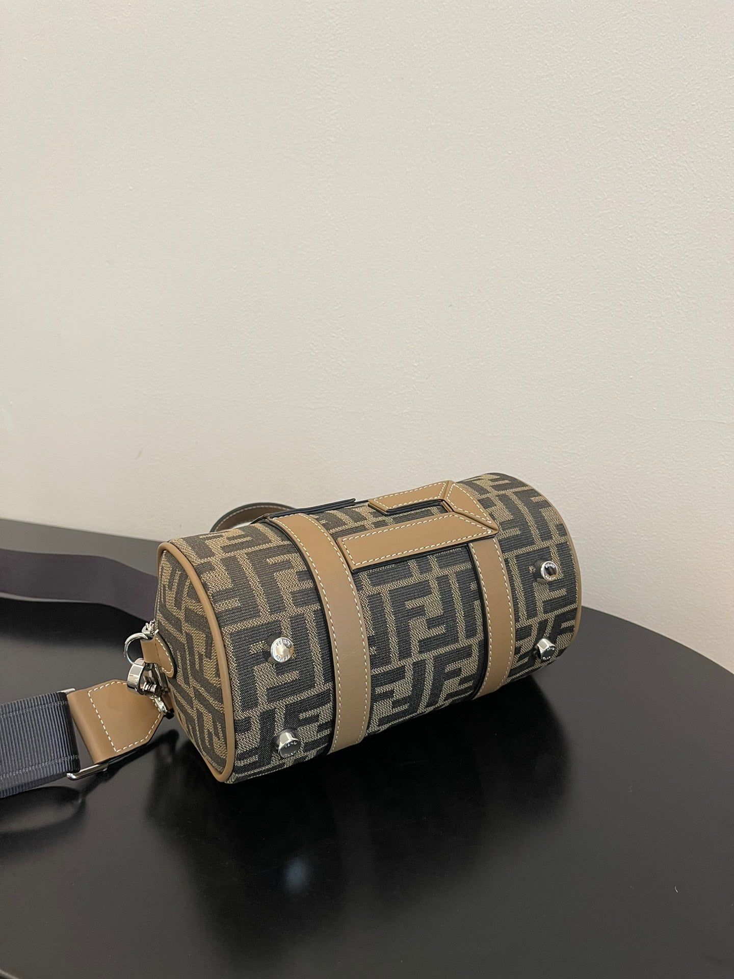 Fendi Mini FF Monogram Barrel Bag - Brown/Grey Canvas with Leather Trim