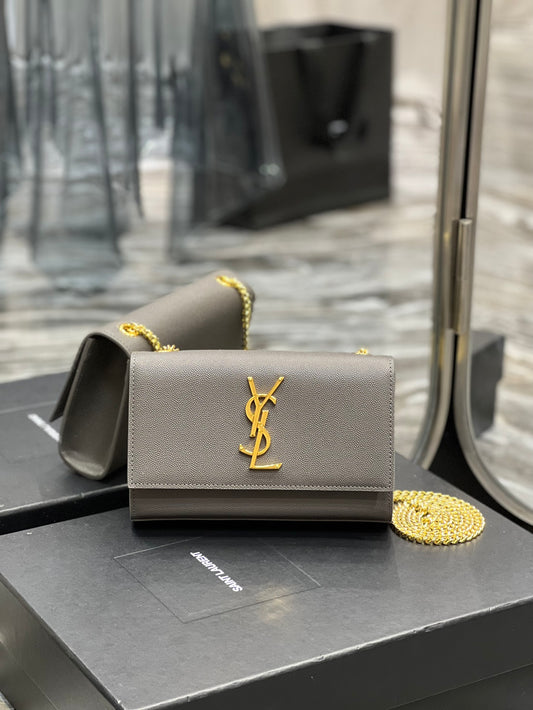 Saint Laurent Kate Small Chain Bag in Grained Leather - Grey