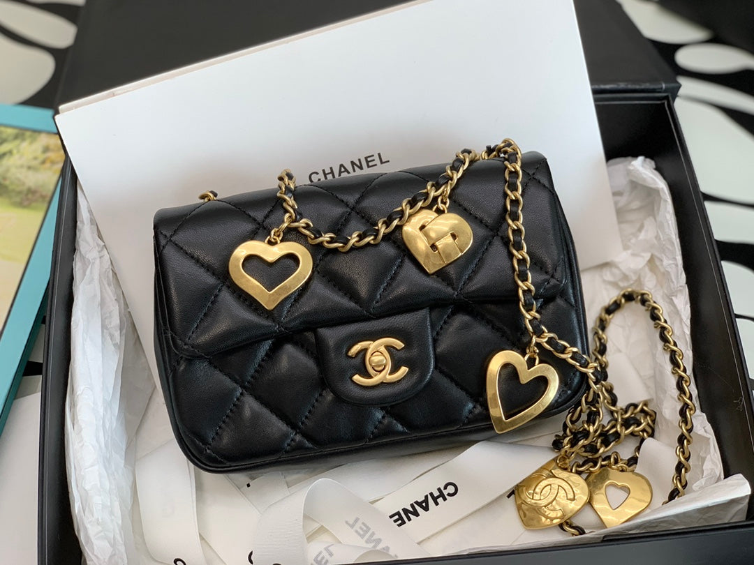 Chanel Mini Flap Bag with Heart Charms - Black Quilted Lambskin &amp; Gold-Tone Hardware