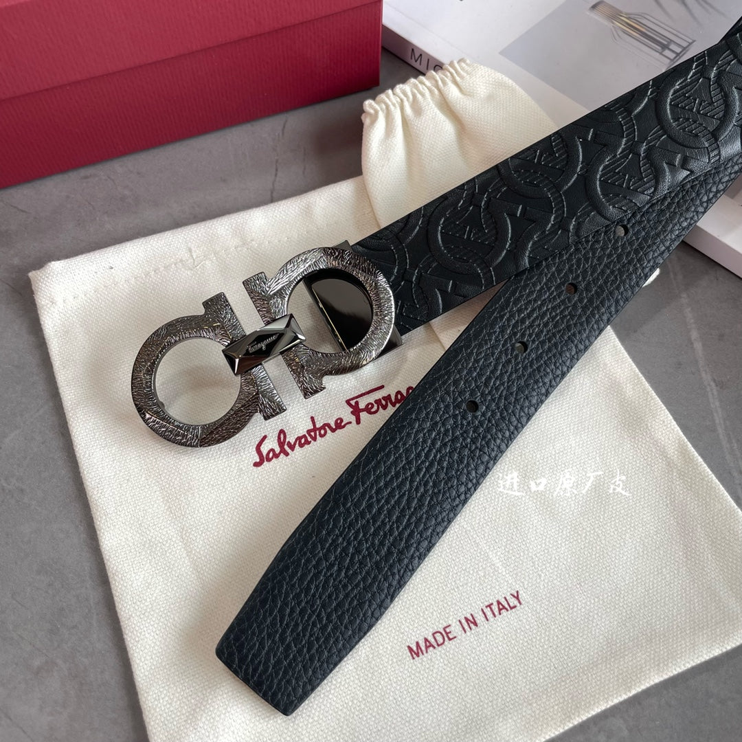 Salvatore Ferragamo Men's Gancini Embossed Black Leather Belt, 35mm