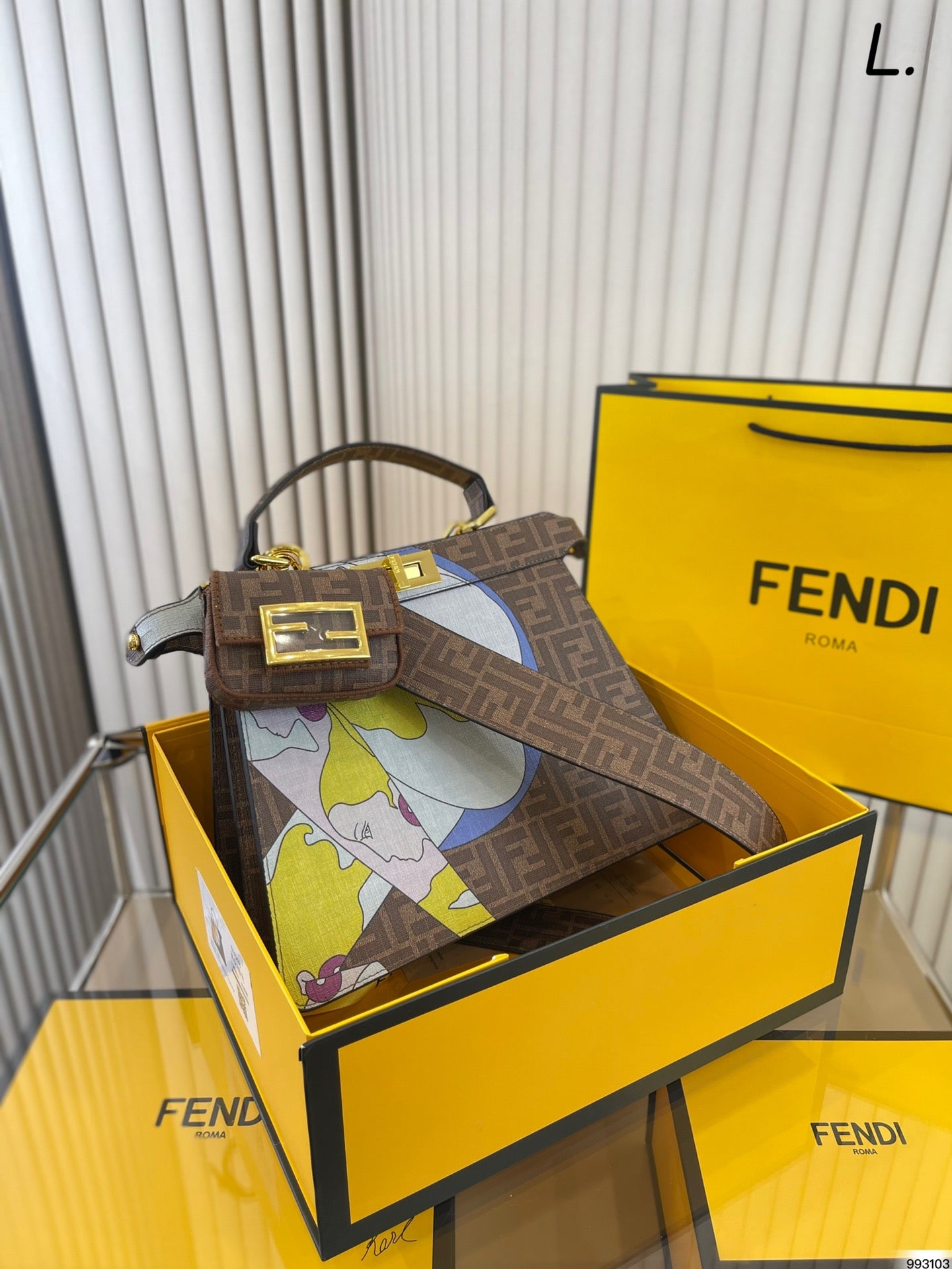 Fendi Peekaboo FF Monogram Graphic Print Handbag with Nano Baguette Charm
