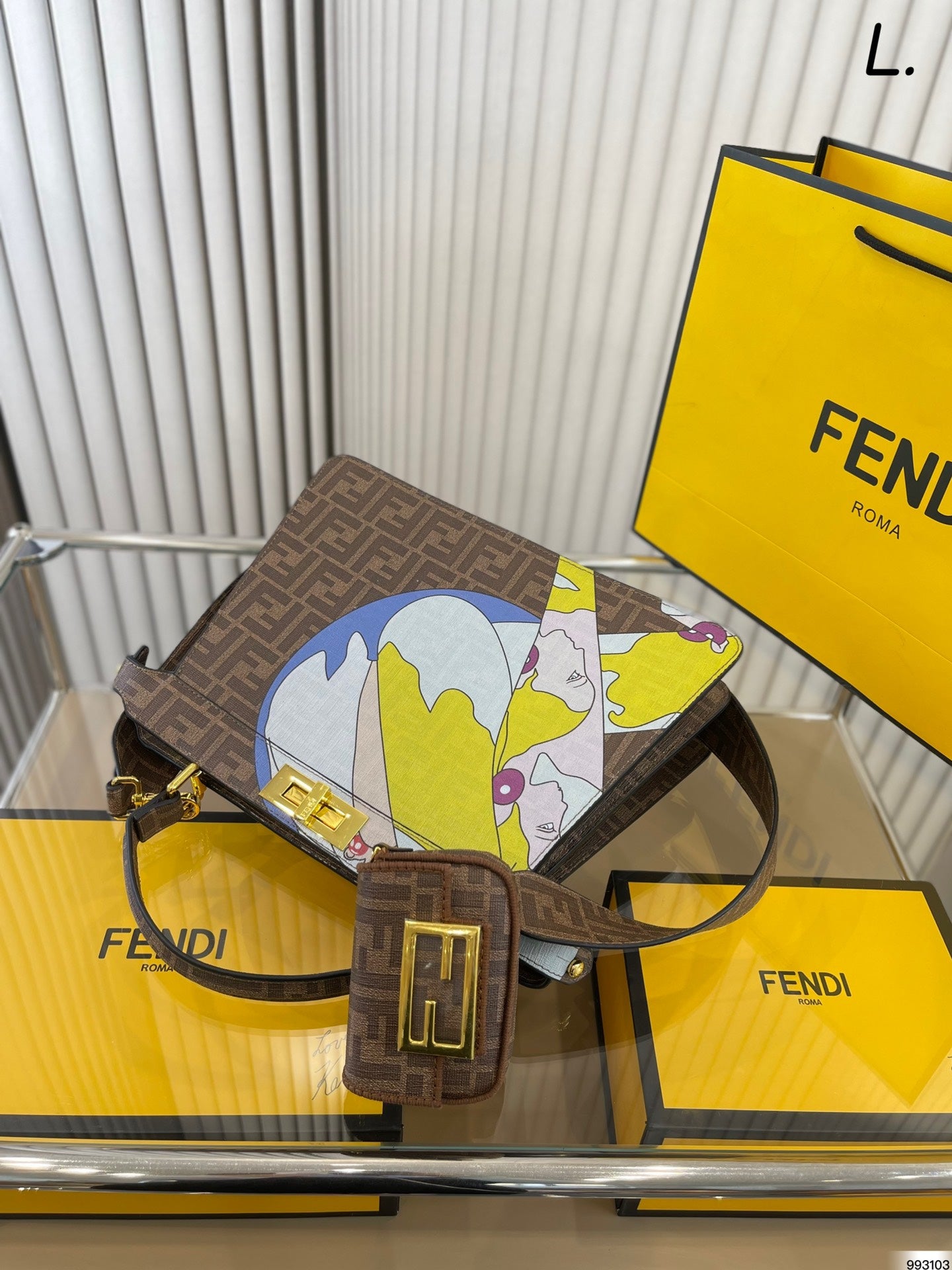 Fendi Peekaboo FF Monogram Graphic Print Handbag with Nano Baguette Charm