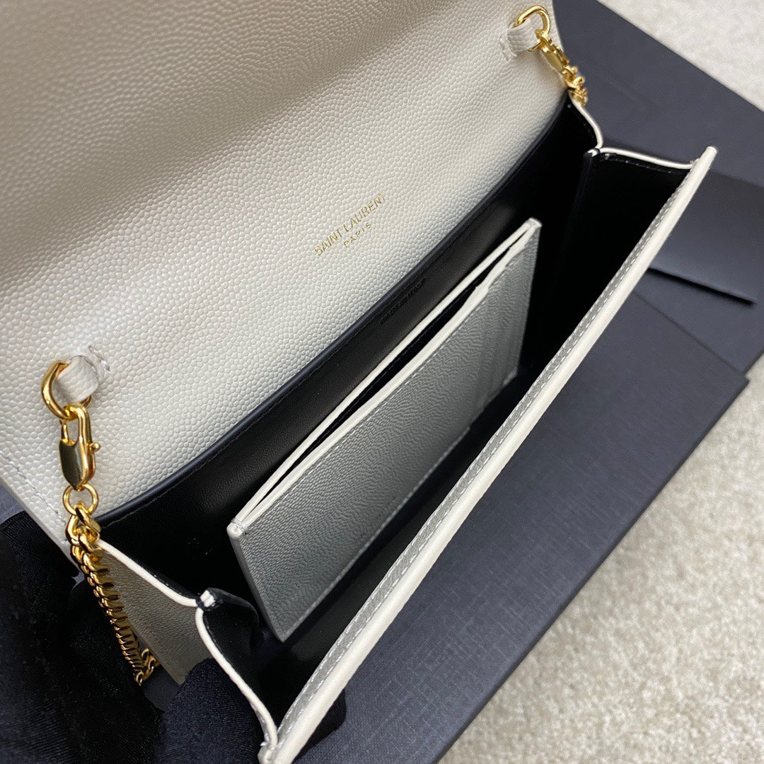 Saint Laurent Uptown Chain Wallet in Grain de Poudre Embossed Leather - Beige