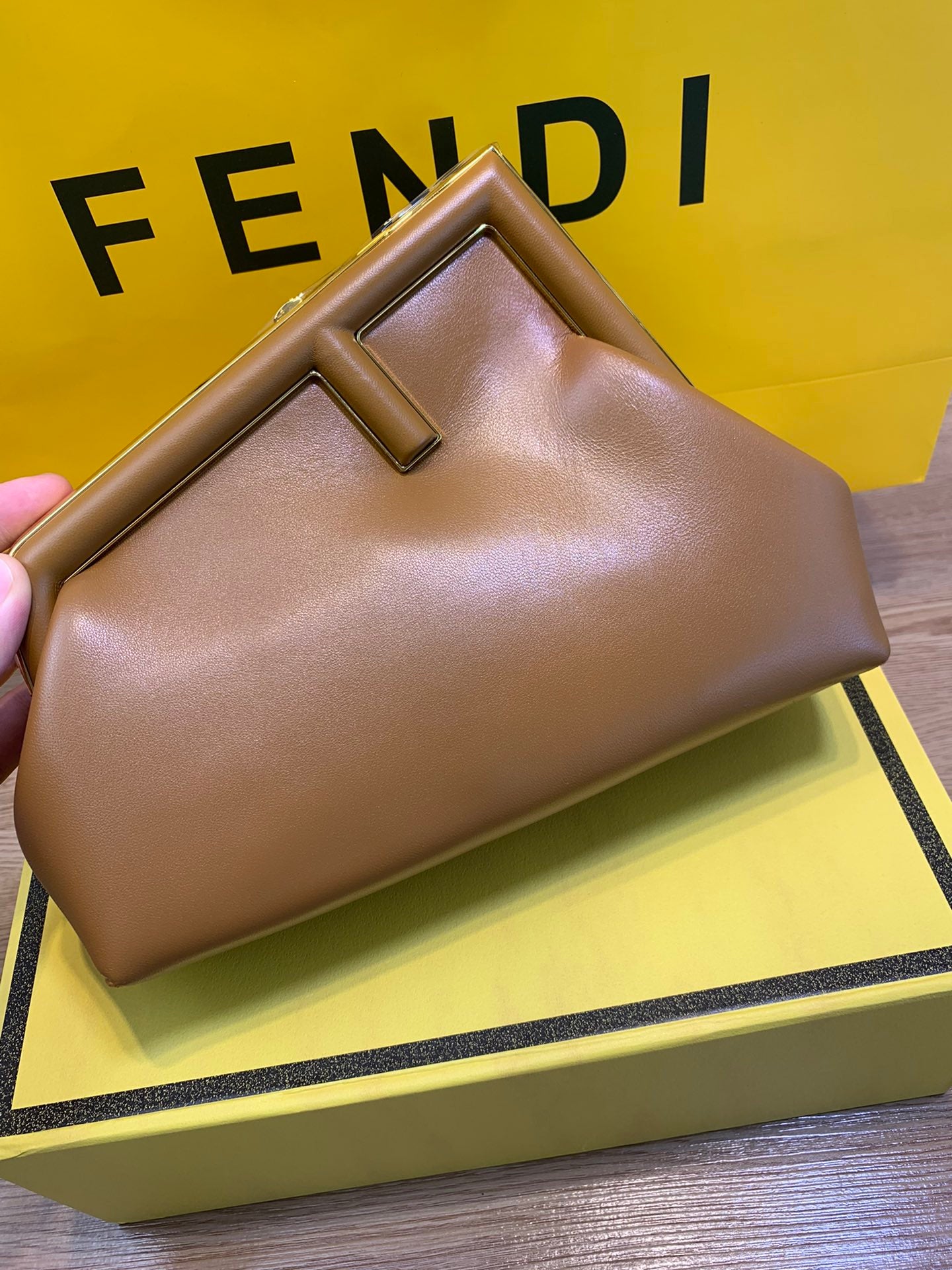Fendi First Small Caramel Leather Clutch with Shoulder Strap