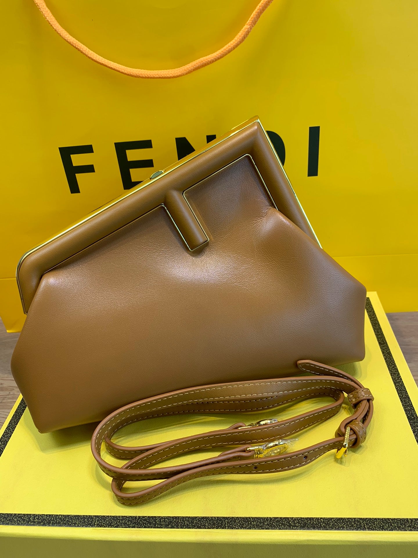 Fendi First Small Caramel Leather Clutch with Shoulder Strap