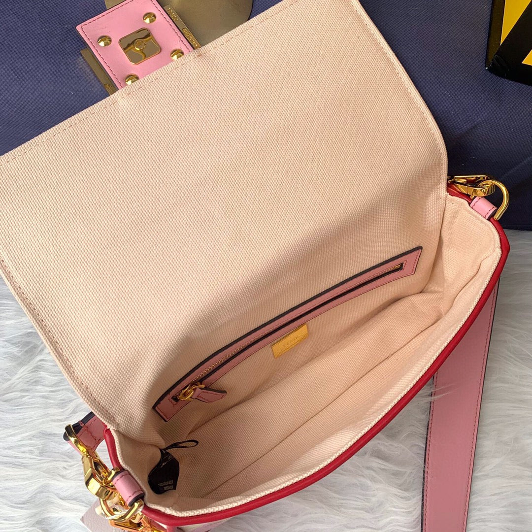 Fendi Baguette Pink FF Logo Embroidery Shoulder Bag with Gold Hardware