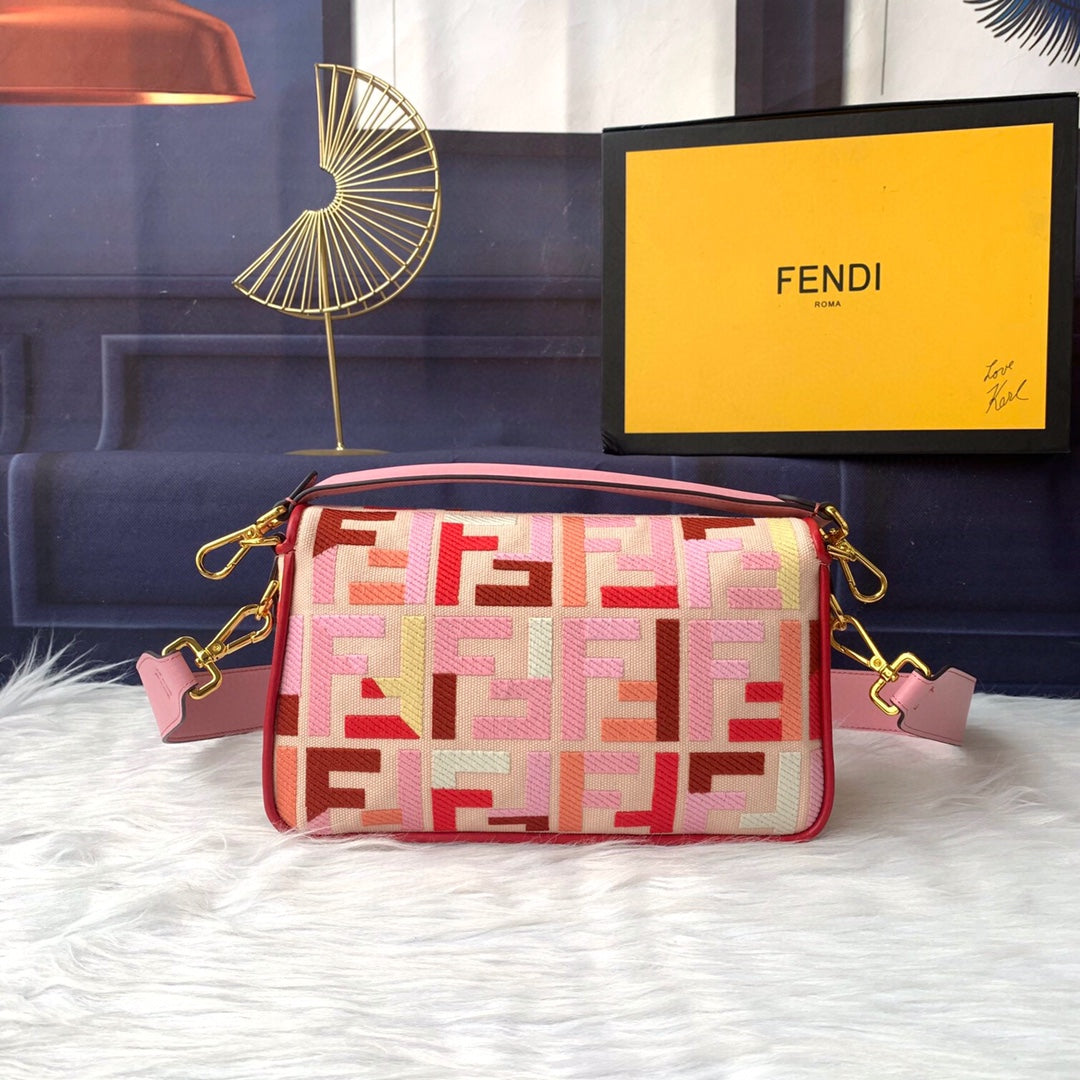 Fendi Baguette Pink FF Logo Embroidery Shoulder Bag with Gold Hardware