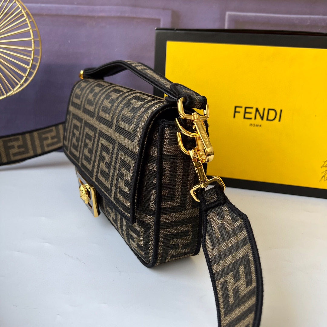 Fendi FF Monogram Canvas Baguette Bag with Logo Canvas Strap - Brown/Tobacco