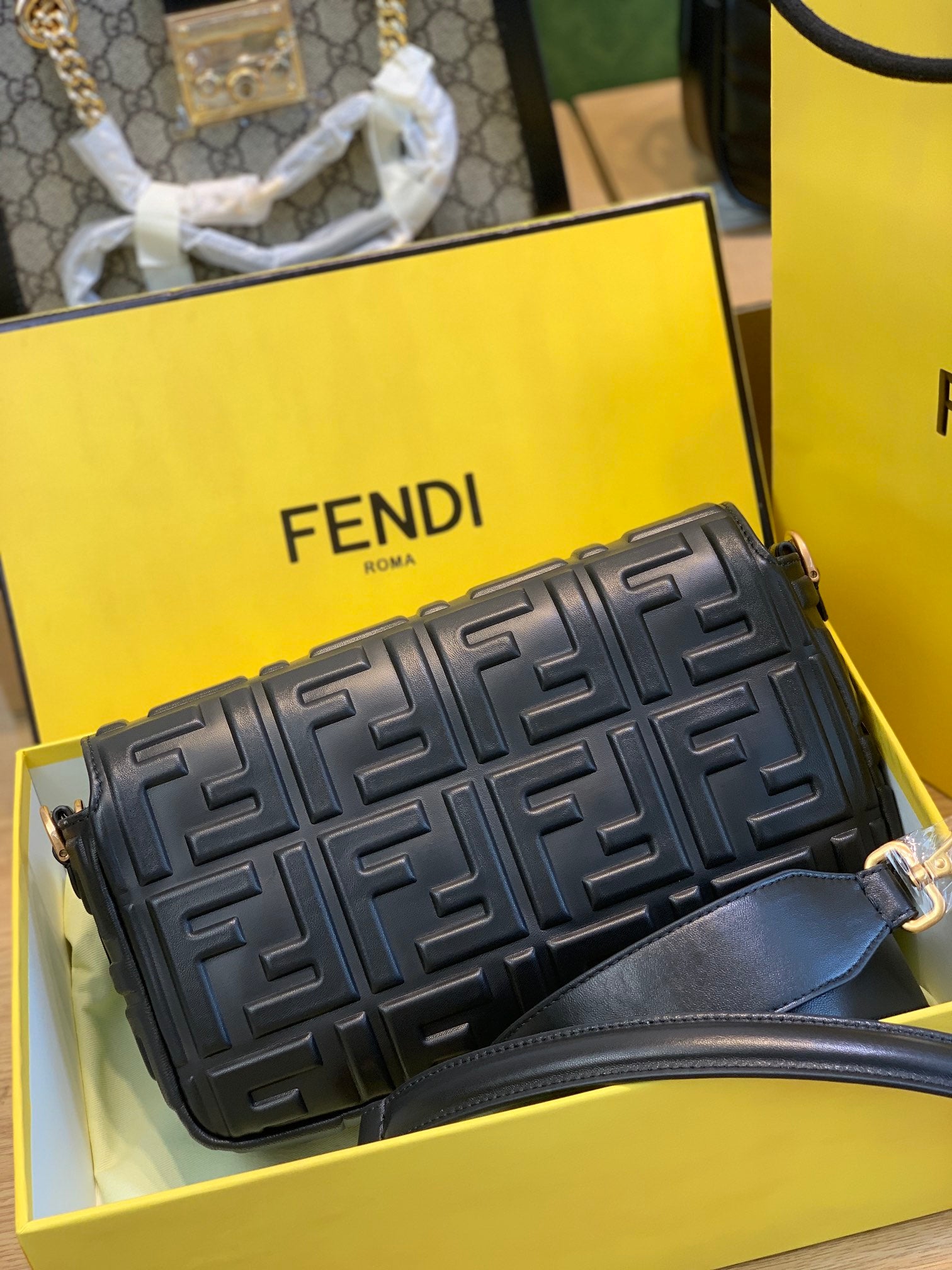 Fendi Baguette FF Embossed Black Leather Shoulder Bag with Gold Hardware