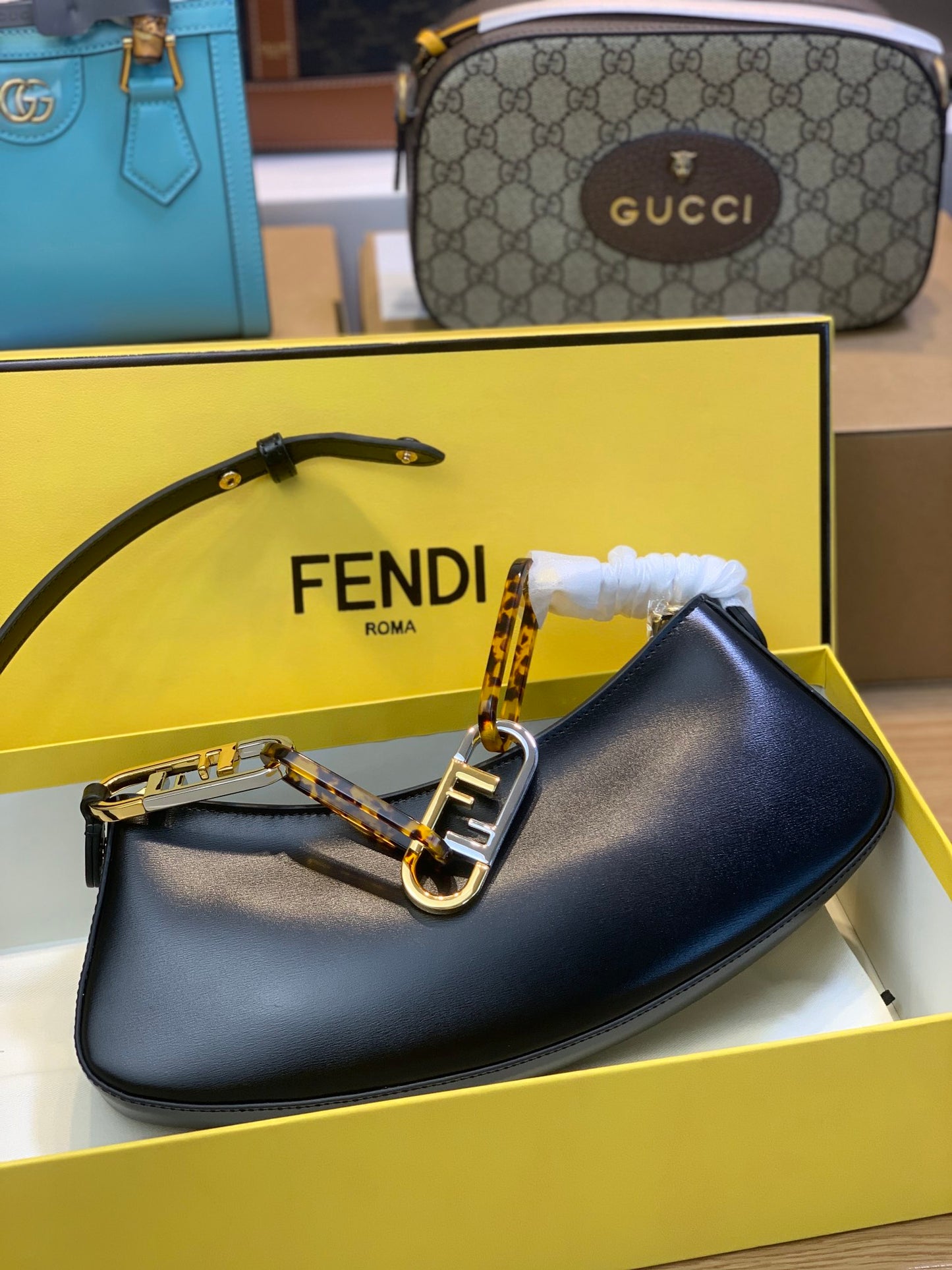 Fendi Roma Small Black Leather Crescent Shoulder Bag with Signature Box