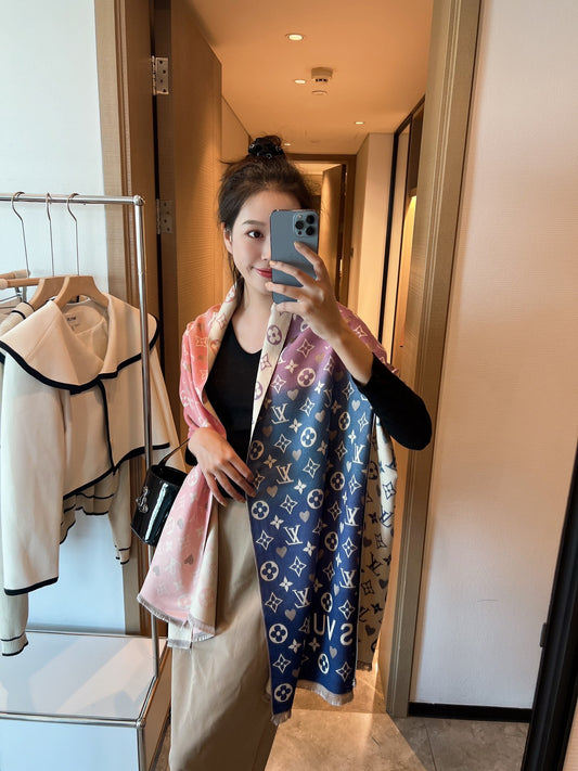 Women's Monogram Print Shawl Scarf - Pink and Navy Blue Gradient Large Pashmina Wrap