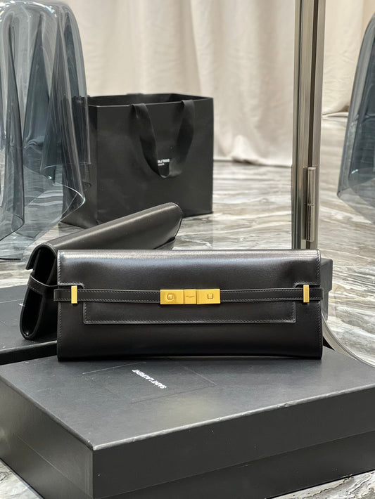 Sophisticated Black Leather Evening Clutch Bag with Gold-Tone Hardware